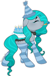 Size: 2136x3280 | Tagged: safe, artist:kurosawakuro, imported from derpibooru, oc, oc only, original species, pond pony, base used, cake, closed species, clothes, food, hat, party hat, party horn, simple background, socks, solo, striped socks, transparent background