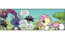 Size: 2000x1200 | Tagged: safe, artist:jack lawrence, idw, imported from derpibooru, angel bunny, fluttershy, pegasus, pony, spoiler:comic, spoiler:friendship in disguise, spoiler:friendship in disguise03, comic, decepticon, female, frenzy, friendship in disguise, laserbeak, male, mare, ratbat, ravage, transformers