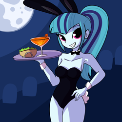Size: 3000x3000 | Tagged: safe, artist:tjpones, imported from derpibooru, sonata dusk, equestria girls, alcohol, breasts, bunny suit, busty sonata dusk, clothes, cocktail waitress, female, food, full moon, grin, hand on hip, legs together, martini, martini glass, moon, smiling, solo, sonataco, taco, that girl sure loves tacos, that pony sure does love tacos, that siren sure does love tacos, waitress