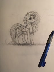 Size: 1536x2048 | Tagged: safe, artist:miokomata, imported from derpibooru, fluttershy, pegasus, pony, chest fluff, female, freckles, freckleshy, looking at you, mare, mechanical pencil, monochrome, pencil, pencil drawing, smiling, solo, traditional art, wings
