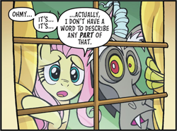 Size: 1264x941 | Tagged: safe, artist:jack lawrence, idw, imported from derpibooru, discord, fluttershy, spoiler:comic, spoiler:friendship in disguise, spoiler:friendship in disguise03, cropped, friendship in disguise, reaction image
