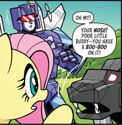 Size: 1063x1089 | Tagged: safe, artist:jack lawrence, idw, imported from derpibooru, fluttershy, pony, spoiler:comic, spoiler:friendship in disguise, spoiler:friendship in disguise03, cropped, frenzy, friendship in disguise, ravage, rumble (transformers), transformers