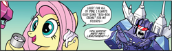 Size: 2560x768 | Tagged: safe, artist:jack lawrence, idw, imported from derpibooru, fluttershy, pony, spoiler:comic, spoiler:friendship in disguise, spoiler:friendship in disguise03, cropped, frenzy, friendship in disguise, ravage, rumble (transformers), transformers