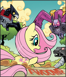 Size: 1526x1794 | Tagged: safe, artist:jack lawrence, idw, imported from derpibooru, fluttershy, pegasus, pony, robot, spoiler:comic, spoiler:friendship in disguise, spoiler:friendship in disguise03, cropped, falling, friendship in disguise, laserbeak, ratbat, ravage, transformers