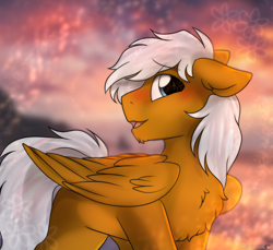 Size: 1912x1752 | Tagged: safe, artist:mariashek, imported from derpibooru, oc, oc only, oc:breezy brown, pegasus, pony, blue eyes, blushing, brown fur, cute, happy, male, stallion, sunset, white hair