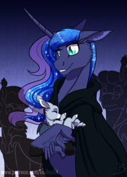 Size: 1050x1456 | Tagged: safe, artist:inuhoshi-to-darkpen, imported from derpibooru, princess luna, oc, oc:stella, alicorn, bat pony, pony, adopted offspring, bat pony oc, bat wings, cape, cheek fluff, chest fluff, clothes, ear fluff, eyes closed, floppy ears, foal, hoof fluff, horn, metal, parent:princess luna, slit eyes, smiling, unshorn fetlocks, wings