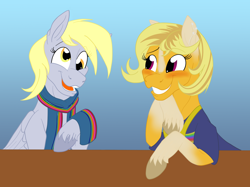 Size: 2914x2174 | Tagged: safe, artist:sixes&sevens, imported from derpibooru, derpy hooves, doctor whooves, time turner, earth pony, pegasus, pony, blushing, clothes, doctor who, doctorderpy, duo, female, lesbian, male, mare, ponified, scarf, shipping, shirt, straight, suspenders, the doctor, thirteenth doctor, thirteenth doctor's scarf