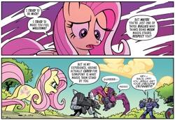 Size: 1523x1048 | Tagged: safe, artist:jack lawrence, idw, imported from derpibooru, fluttershy, pegasus, pony, robot, spoiler:comic, spoiler:friendship in disguise, spoiler:friendship in disguise03, butt, comic, cropped, female, frenzy, friendship in disguise, laserbeak, mare, plot, ratbat, ravage, transformers, wingless