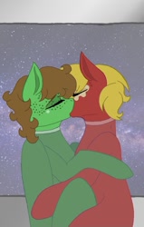 Size: 640x1009 | Tagged: safe, artist:forgottenchesire, imported from derpibooru, oc, oc:gadget, oc:peppermint tumble, earth pony, pegasus, pony, among us, among us au, base used, gay, kissing, male, shipping