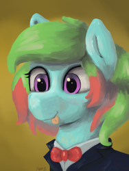 Size: 3000x4000 | Tagged: safe, artist:doughnutwubbs, imported from derpibooru, oc, oc only, oc:precised note, pegasus, pony, bowtie, bust, clothes, cute, eyelashes, portrait, purple eyes, smiling, suit, tongue out, tuxedo, two toned mane, watermark