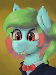 Size: 3000x4000 | Tagged: safe, alternate version, artist:doughnutwubbs, imported from derpibooru, oc, oc only, oc:precised note, pony, vampire, vampony, bowtie, bust, clothes, cute, ear fluff, eyelashes, fangs, portrait, race swap, slit eyes, slit pupils, smiling, suit, tongue out, tuxedo, two toned mane, watermark