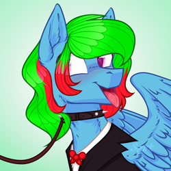 Size: 960x960 | Tagged: safe, artist:sparkling_light, imported from derpibooru, oc, oc:precised note, pegasus, pony, bowtie, bust, clothes, collar, eyelashes, gradient background, heart eyes, leash, looking sideways, open mouth, pet play, portrait, smiling, suit, tongue out, tuxedo, two toned mane, watermark, wingding eyes, wings