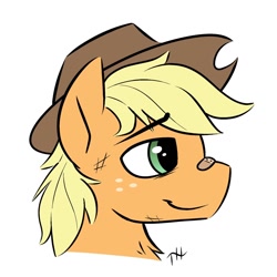 Size: 1280x1280 | Tagged: safe, artist:fakskis, imported from derpibooru, applejack, earth pony, pony, alternate hairstyle, applejack (male), applejack's hat, bandaid, bandaid on nose, chest fluff, cowboy hat, freckles, hat, male, plaster, rule 63, simple background, solo, solo male, white background