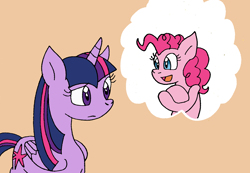 Size: 1224x848 | Tagged: safe, artist:cmara, imported from derpibooru, pinkie pie, twilight sparkle, alicorn, earth pony, pony, bipedal, confused, crossed arms, female, mare, oepn mouth, open mouth, raised eyebrow, raised hoof, simple background, tan background, thought bubble, twilight sparkle (alicorn)