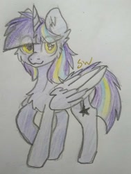 Size: 843x1118 | Tagged: safe, anonymous artist, imported from derpibooru, oc, oc:twinkle starstone, alicorn, alicorn oc, chest fluff, cutie mark, eye clipping through hair, folded wings, horn, looking at you, one hoof raised, raised hoof, request, smiling, traditional art, two toned wings, watermark, wings