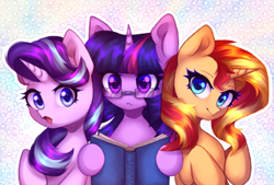 Size: 2855x1932 | Tagged: safe, artist:avrameow, imported from derpibooru, starlight glimmer, sunset shimmer, twilight sparkle, pony, unicorn, book, counterparts, cute, female, glasses, looking at you, mare, open mouth, trio, trio female, twilight's counterparts, unicorn master race, unicorn twilight