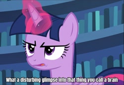 Size: 1365x939 | Tagged: safe, edit, edited screencap, imported from derpibooru, screencap, twilight sparkle, alicorn, pony, fame and misfortune, annoyed, caption, cropped, cute, female, glowing horn, horn, image macro, reaction image, solo, text, the umbrella academy, twilight sparkle (alicorn)
