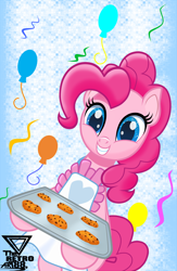 Size: 1990x3060 | Tagged: safe, artist:theretroart88, imported from derpibooru, pinkie pie, earth pony, apron, clothes, cookie, cute, diapinkes, food, smiling at you