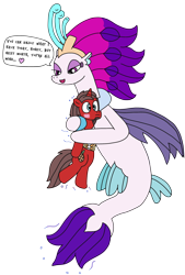 Size: 2084x3076 | Tagged: safe, artist:supahdonarudo, imported from derpibooru, queen novo, oc, oc:ironyoshi, seapony (g4), unicorn, my little pony: the movie, blushing, dialogue, heart, hug, simple background, size difference, speech bubble, this will end in snu snu, transparent background