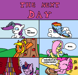 Size: 849x815 | Tagged: safe, alternate version, artist:logan jones, derpibooru exclusive, imported from derpibooru, applejack, fluttershy, pinkie pie, rainbow dash, rarity, spike, twilight sparkle, alicorn, dragon, pegasus, pony, unicorn, comic:yakity-sax logan jones' version, yakity-sax, alternate scenario, apple, apple tree, bucking, challenge, cloud, comb, comic, curtains, cute, food, grass, hoof hold, hooves, humming, magic, mane seven, mane six, relaxing, rolling pin, tree, twilight sparkle (alicorn)