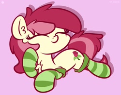 Size: 3250x2560 | Tagged: dead source, safe, artist:kimjoman, artist:php142, artist:purpleflix, imported from derpibooru, roseluck, earth pony, pony, chest fluff, clothes, cute, cuteluck, ear fluff, eyes closed, female, lying down, mare, pink background, prone, raised hoof, rosabetes, simple background, socks, solo, striped socks