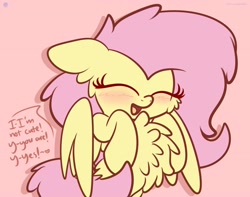 Size: 3250x2560 | Tagged: dead source, safe, artist:kimjoman, artist:php142, artist:purpleflix, imported from derpibooru, fluttershy, pegasus, pony, blatant lies, blushing, bust, cheek fluff, chest fluff, cute, daaaaaaaaaaaw, dialogue, ear fluff, eyes closed, female, floppy ears, heart, hooves to the chest, i'm not cute, impossibly large chest fluff, mare, no u, open mouth, pink background, raised hoof, shyabetes, simple background, smiling, solo, spread wings, three quarter view, weapons-grade cute, wings
