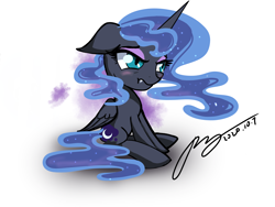 Size: 3500x2625 | Tagged: safe, artist:musical ray, imported from derpibooru, nightmare moon, princess luna, alicorn, pony, adorable face, blushing, cute, ethereal mane, fangs, female, floppy ears, high res, horn, mare, moon, moonabetes, signature, solo, wings