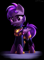Size: 2200x3000 | Tagged: safe, artist:shido-tara, imported from derpibooru, oc, oc only, oc:starshine bomber, pegasus, pony, armor, commission, looking at you, pegasus oc, simple background, solo, wings