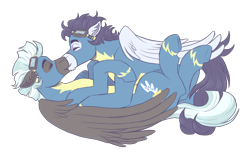 Size: 3500x2200 | Tagged: safe, artist:kikirdcz, imported from derpibooru, soarin', thunderlane, pegasus, pony, alternate hairstyle, clothes, commission, ear fluff, gay, goggles, hug, kiss on the lips, kissing, lying down, male, on back, on top, raised hoof, raised leg, shipping, simple background, soarilane, stallion, stubble, transparent background, uniform, wonderbolts, wonderbolts uniform