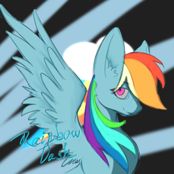 Size: 1063x1063 | Tagged: source needed, safe, artist:eric0999, imported from derpibooru, rainbow dash, pegasus, pony, bust, cutie mark background, ear fluff, female, looking at you, mare, name, portrait, profile, smiling, solo, spread wings, wings