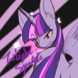 Size: 1063x1063 | Tagged: source needed, safe, artist:eric0999, imported from derpibooru, twilight sparkle, alicorn, pony, bust, cutie mark background, ear fluff, eyebrows, eyebrows visible through hair, female, hoof on chest, horn, mare, name, portrait, raised hoof, solo, spread wings, three quarter view, twilight sparkle (alicorn), wings