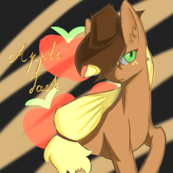 Size: 1063x1063 | Tagged: source needed, safe, artist:eric0999, imported from derpibooru, applejack, earth pony, pony, applejack's hat, bust, cowboy hat, cutie mark background, ear fluff, female, hat, hat over eyes, head turn, looking at you, mare, name, portrait, raised hoof, solo, turned head