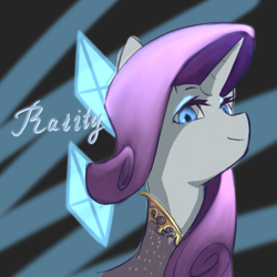 Size: 1063x1063 | Tagged: source needed, safe, artist:eric0999, imported from derpibooru, rarity, pony, unicorn, bust, clothes, cutie mark background, female, horn, looking at you, looking down, looking down at you, mare, name, portrait, smiling, solo, three quarter view
