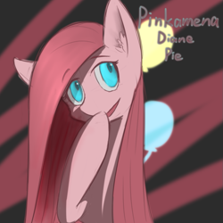 Size: 1063x1063 | Tagged: source needed, safe, artist:eric0999, imported from derpibooru, pinkie pie, earth pony, pony, bust, covering mouth, cutie mark background, ear fluff, eyebrows, eyebrows visible through hair, female, hoof over mouth, looking at you, mare, name, open mouth, pinkamena diane pie, portrait, raised hoof, solo, three quarter view