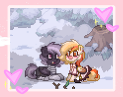 Size: 373x295 | Tagged: safe, artist:einkawans, imported from derpibooru, oc, oc only, pegasus, pony, pony town, clothes, dress, duo, heart, lying down, outdoors, pegasus oc, pixel art, prone, scarf, snow, tree, tree stump, wings