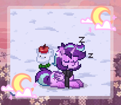 Size: 307x268 | Tagged: safe, artist:einkawans, imported from derpibooru, starlight glimmer, alicorn, pony, pony town, alicornified, alternate hairstyle, apple, clothes, cloud, crescent moon, eyes closed, food, lying down, moon, onomatopoeia, outdoors, pixel art, prone, race swap, scarf, sleeping, snow, solo, sound effects, starlicorn, xk-class end-of-the-world scenario, z, zzz