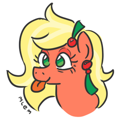 Size: 379x373 | Tagged: safe, artist:jargon scott, imported from derpibooru, oc, oc only, oc:bahama nectar, earth pony, pony, bags under eyes, bust, ear piercing, earring, female, jewelry, mare, mlem, onomatopoeia, piercing, portrait, silly, simple background, smiling, solo, tongue out, white background