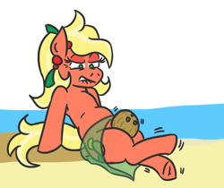 Size: 618x518 | Tagged: safe, artist:jargon scott, imported from derpibooru, oc, oc only, oc:bahama nectar, earth pony, pony, beach, coconut, ear piercing, earring, female, food, jewelry, lidded eyes, lip bite, looking down, mare, ocean, piercing, sand, sarong, sitting, solo, thigh squeeze, underhoof, water