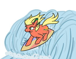 Size: 732x576 | Tagged: safe, artist:jargon scott, imported from derpibooru, oc, oc only, oc:bahama nectar, earth pony, pony, ear piercing, earring, female, jewelry, mare, open mouth, piercing, smiling, solo, surfboard, surfing, water, wave