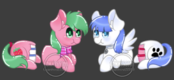 Size: 1657x765 | Tagged: safe, alternate version, artist:helithusvy, artist:thanhvy15599, imported from derpibooru, oc, oc only, oc:pine berry, oc:snow pup, earth pony, pegasus, pony, bisection, blue eyes, cake, chibi, clothes, collar, commission, earth pony oc, everything is cake, food, gray background, green eyes, half, modular, pegasus oc, scarf, simple background, wings, ych sketch, your character here