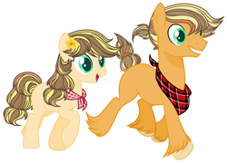 Size: 3385x2457 | Tagged: safe, artist:thieeur-nawng, imported from derpibooru, oc, oc:golden apple, oc:honey apple, earth pony, pony, base used, duo, female, male, mare, neckerchief, offspring, parent:applejack, parent:caramel, parents:carajack, simple background, stallion, white background