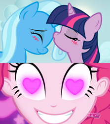 Size: 852x955 | Tagged: safe, edit, edited screencap, imported from derpibooru, screencap, pinkie pie, trixie, twilight sparkle, coinky-dink world, eqg summertime shorts, equestria girls, blushing, female, heart eyes, lesbian, meme, pinkie's eyes, shipping, twixie, wingding eyes