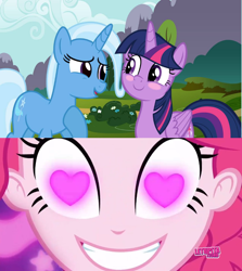 Size: 852x955 | Tagged: safe, edit, edited screencap, imported from derpibooru, screencap, pinkie pie, trixie, twilight sparkle, alicorn, coinky-dink world, eqg summertime shorts, equestria girls, blushing, female, heart eyes, lesbian, meme, pinkie's eyes, shipping, shipping domino, twilight sparkle (alicorn), twixie, wingding eyes