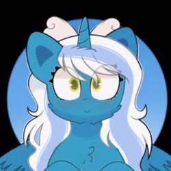 Size: 800x800 | Tagged: safe, artist:glimmermoon11, imported from derpibooru, oc, oc only, oc:fleurbelle, alicorn, pony, alicorn oc, blushing, bow, cheek fluff, chest fluff, female, hair bow, horn, looking at you, mare, simple background, solo, wings, yellow eyes