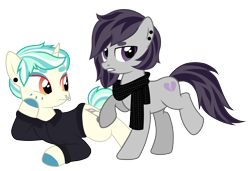 Size: 2926x2000 | Tagged: safe, artist:jennieoo, imported from derpibooru, oc, oc:heartbreaker, oc:metal octavia, earth pony, unicorn, couple, friends, show accurate, simple background, together, transparent background, vector