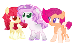 Size: 2585x1585 | Tagged: safe, artist:thieeur-nawng, imported from derpibooru, apple bloom, scootaloo, sweetie belle, earth pony, pegasus, pony, unicorn, alternate design, alternate hairstyle, base used, coat markings, cutie mark crusaders, dappled, hat, open mouth, raised hoof, redesign, simple background, smiling, unshorn fetlocks, white background