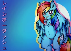 Size: 2048x1463 | Tagged: safe, alternate version, artist:canvymamamoo, imported from derpibooru, rainbow dash, anthro, pegasus, semi-anthro, arm hooves, belly button, blue background, blushing, breasts, cleavage fluff, clothes, ear fluff, female, japanese, looking at you, mare, simple background, smiling, solo, swimsuit, text