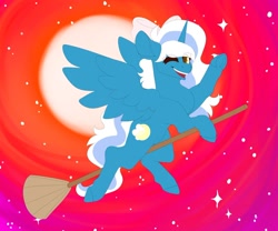 Size: 1280x1067 | Tagged: safe, artist:oneiriceye, imported from derpibooru, oc, oc only, oc:fleurbelle, alicorn, pony, alicorn oc, bow, broom, female, flying, flying broomstick, hair bow, horn, mare, moon, needs more saturation, one eye closed, sky, solo, stars, waving, wings, yellow eyes