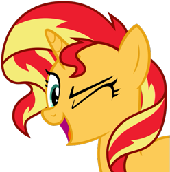 Size: 630x634 | Tagged: safe, artist:nano23823, imported from derpibooru, sunset shimmer, pony, unicorn, equestria girls, .svg available, absurd resolution, bust, female, looking at you, mare, one eye closed, open mouth, open smile, portrait, simple background, smiling, smiling at you, solo, svg, transparent background, vector, wink, winking at you