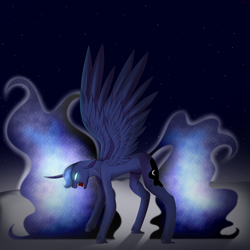 Size: 3000x3000 | Tagged: safe, artist:tayblossom, imported from derpibooru, princess luna, alicorn, pony, butt, female, floppy ears, glowing eyes, glowing mane, glowing tail, mare, moonbutt, night, no pupils, open mouth, solo, solo female, spread wings, wings